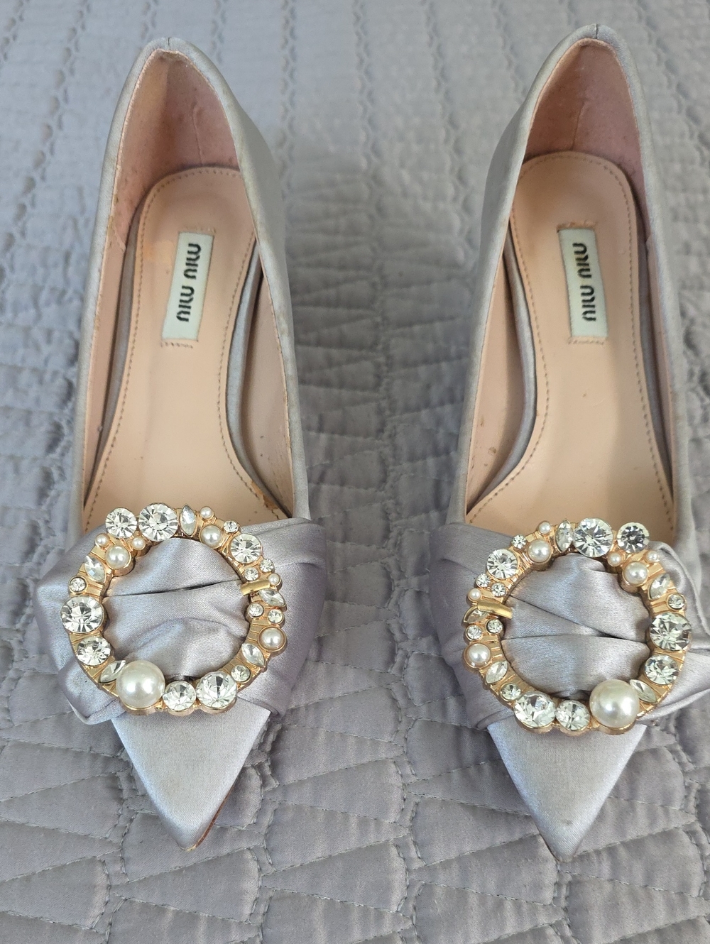 Miu Miu Satin Pointed-Toe Pumps with Crystal Pearl Buckle - Silver